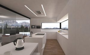 Cocina moderna en vivienda mediterránea de piedra en Orba - Alicante, en la montaña, realizada por Chiralt Arquitectos Valencia.