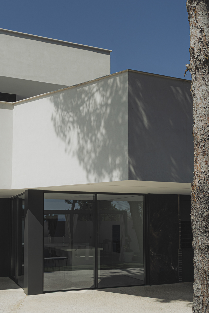 detalle de fachada con contraste blanco y negro y sombras de pinos en casa moderna en Valencia