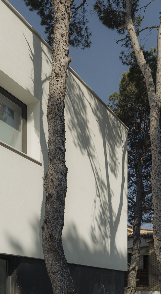 fachada blanca de casa moderna en Valencia con troncos de pinos en primer plano